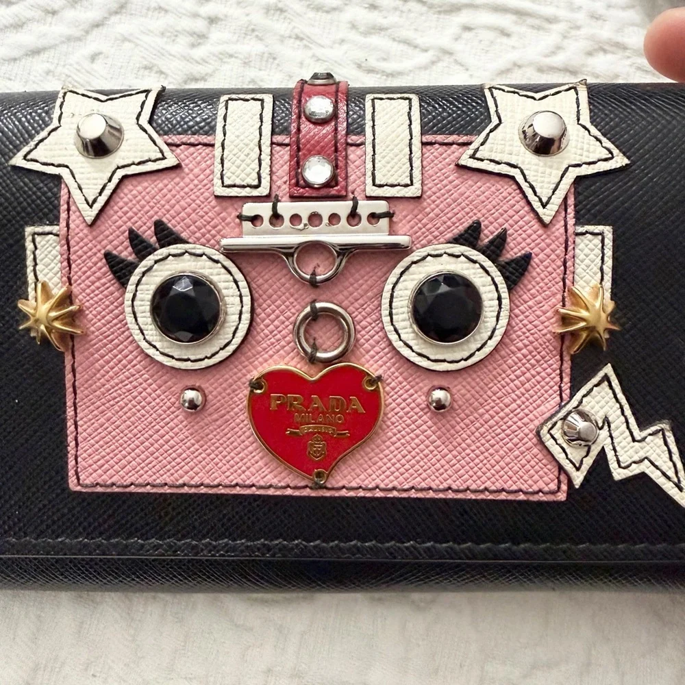 Prada Robot Black and Pink Embellished Saffiano Leather Wallet AUTHENTIC (Rare) - Picture 3 of 11